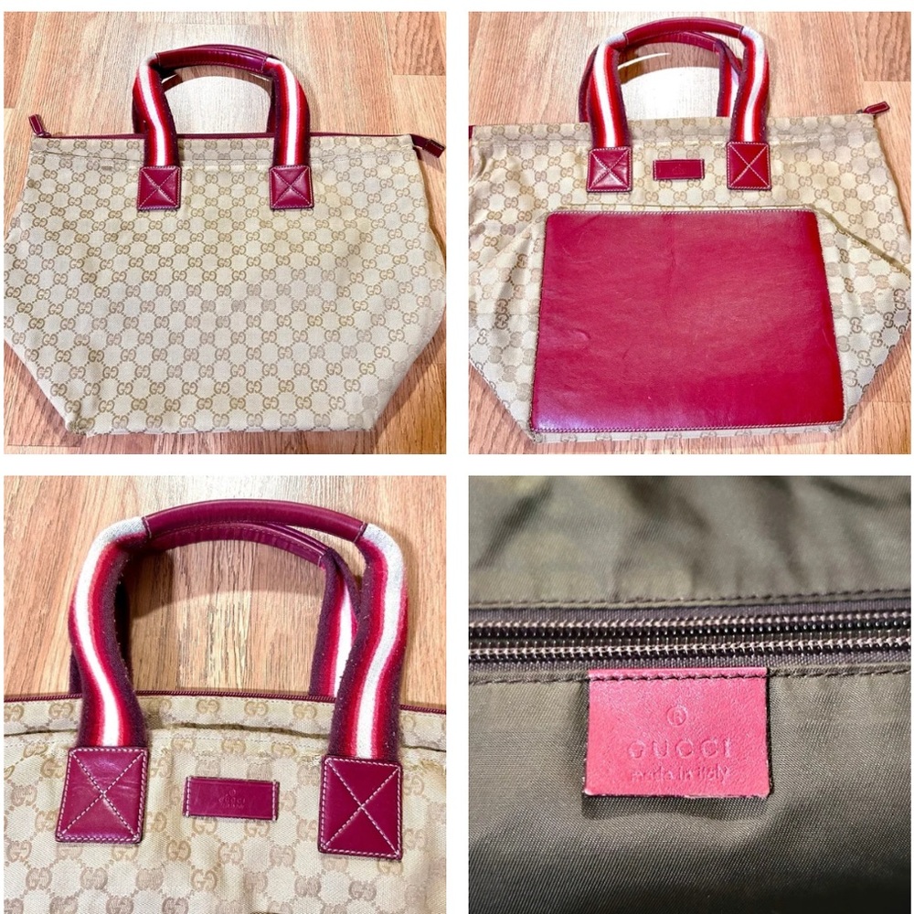 Gucci Tote Bag Sherry Line Cream Tan Gold and Red Monogram GG Supreme Zip Top - Picture 13 of 16